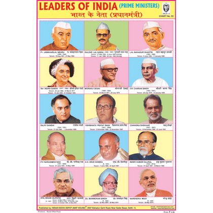 LEADERS OF INDIA (PRIME MINISTERS) SIZE 24 X 36 CMS CHART NO. 53 - Indian Book Depot (Map House)