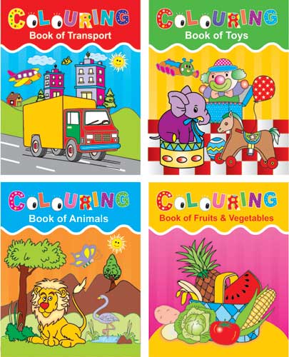 SET OF COLOURING BOOK OF TRANSPORTS, TOYS, ANIMALS, FRUITS & VEGETABLES