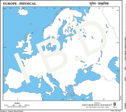 Practice Map of Euorpe Physical |Pack of 100 Maps | Small Size | Outline Maps - Indian Book Depot (Map House)